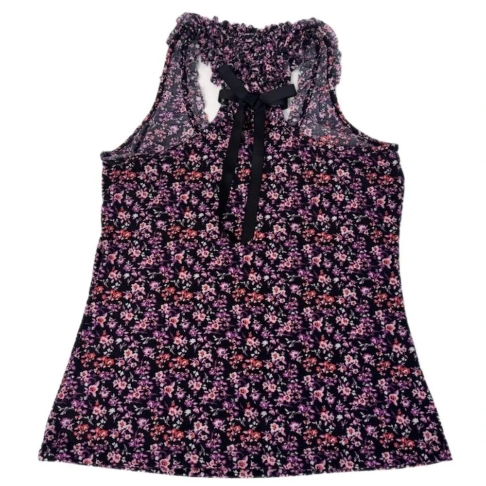 Self Esteem Tank Top Women Large Purple Floral Ruffle Bow Racerback Blouse